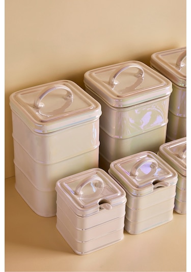 Bianca Pearl 7'li Porselen İnci Sedefli Kulplu Kapaklı Kare Form Baharatlık Takımı Beyaz Beyaz