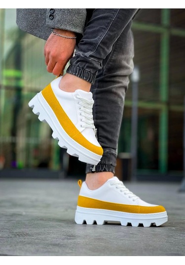 Kb-056 Kuback Beyaz Sarı Detaylı Beyaz Yüksek Taban Günlük Spor Ayakkabı Beyaz