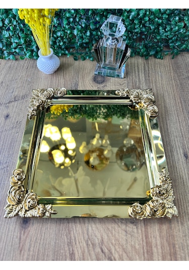 Diperla Büyük Gold Sunum Tepsi Kelebek Detaylı