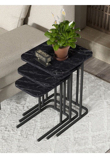 Zigon Sehpa Metal Ayak 3'lü Koltuk Yan Sehpa Zino Bendir Siyah