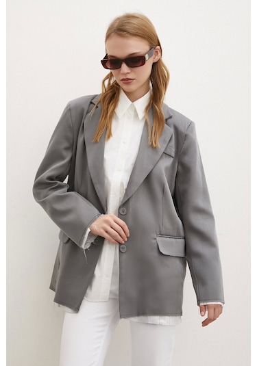 Never More Cep Kapaklı Kesik Detaylı Blazer Ceket Gri Gri