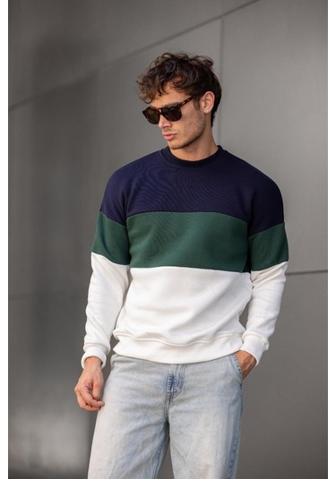 Trc 3244 Üç İplik Pamuklu Parçalı Bisiklet Yaka Erkek Sweatshirt 001