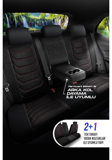 Siyah - Kırmızı Panda Manavgat Serısı Lakos Kumaş Oto Koltuk Kılıfı - Tam Set