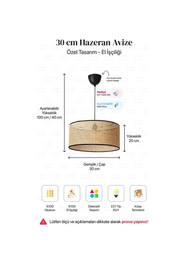 Hazeran Avize 30cm- Iskandinav, Modern, Bohem, Rattan Avize, Aydı Bambu