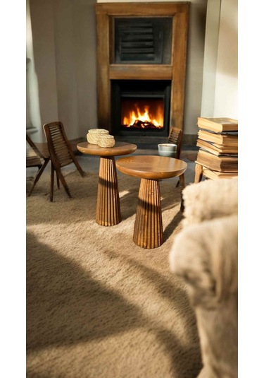 Masif Doğal Ahşap Yan Sehpa Takımı 2 Li Ceviz Zigon Ve Fiskos