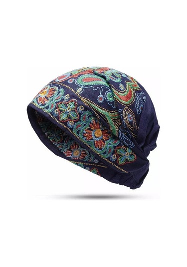 Etnik Tarzda El İşlemeli Vintage Desenli Çiçek Baskılı Seyahat Bandanası Ve Şapka Seti Kırmızı Renk Çok Renkli