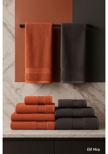 6 Parça Banyo Havlusu Seti Pamuklu 70x140 Cm Serenio Antrasit-kiremit