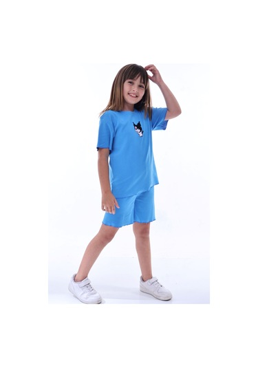 Ribana Beybi Overlok Detaylı Kuromi Nakışlı Alt-üst Takım Mavi