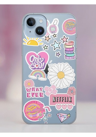 Apple Uyumlu iPhone 14 Pink Sticker Tasarımlı Şeffaf Telefon Kılıfı Çok Renkli