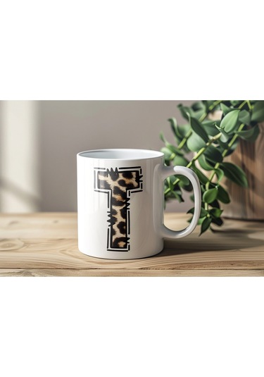 T Baş Harf Leopar Desenli Kupa Bardak - Kişiye Özel Feminen Konsept Hediye - Vahşi Hayvan Desenli Beyaz
