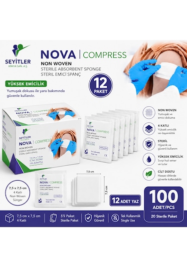 Nova Steril Kompres 7,5cm 7,5cm 4 Katlı 5'li 12 Paket