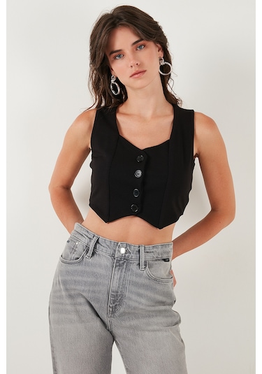 Lela Slim Fit Kalp Yaka Düğmeli Kalın Askılı Crop Bayan Yelek 5865497 Siyah