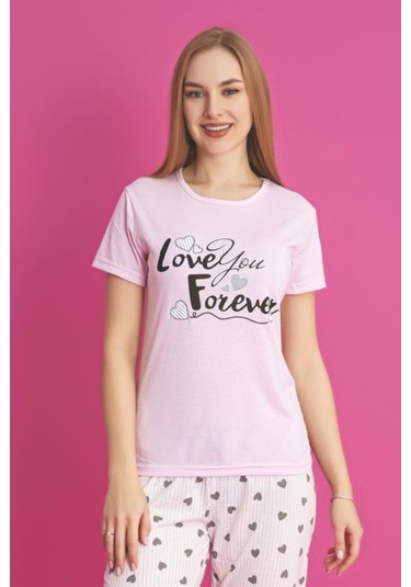 Dreamy Pamuklu Desenli Kısa Kollu Pijama Takımı Pembe