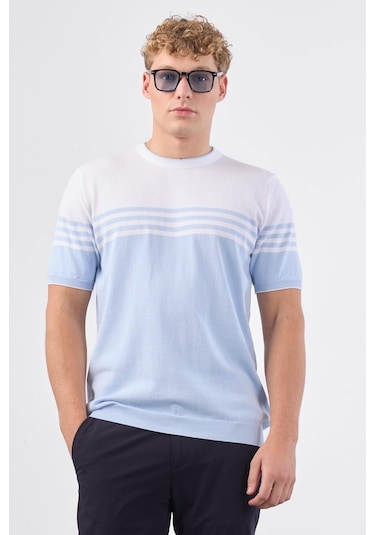 Dufy A.mavi Çizgili Yatay Desen Erkek Triko - Slim Fit Mavi