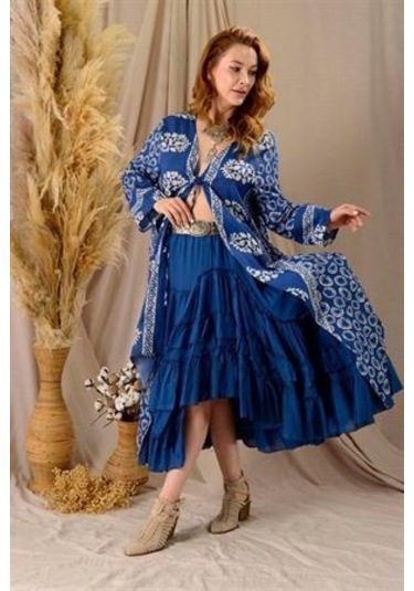 Özel Tasarım Ham Keten Otantik Astarlı Carmen Etek-9895 Petrol Mavisi