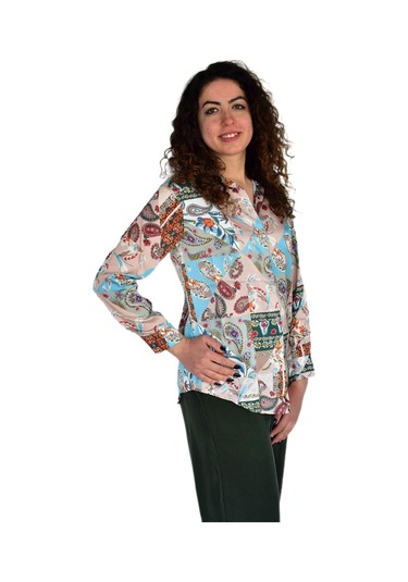 Kadın Saten Baskıkılı Desen Uzun Kol Gömlek Bgl-st04214 Yeşil