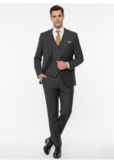 Presto Erkek Slimfit 6 Drop Yelekli Takım Elbise Füme 787-700 Gri