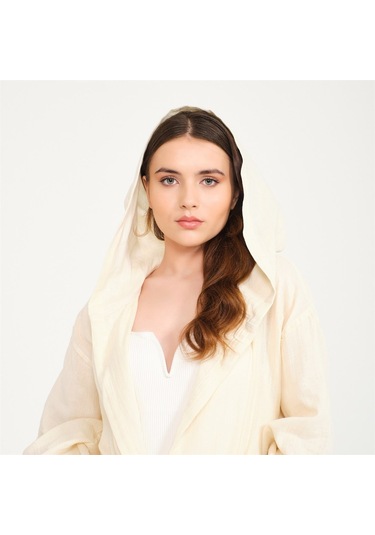 Unisex Kapüşonlu Uzun Müslin Bornoz-Bej