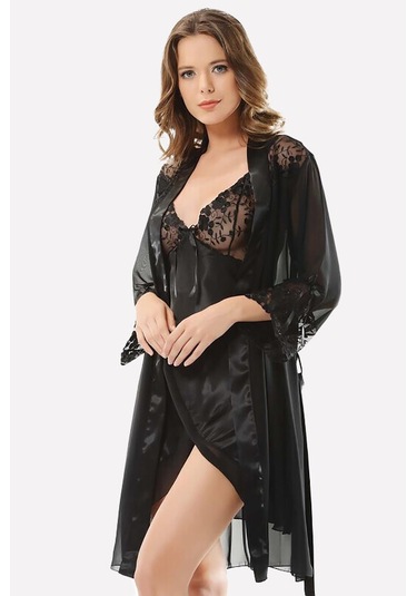 NBB Kadın Siyah Fantezi Saten Gecelik Sabahlık Takım