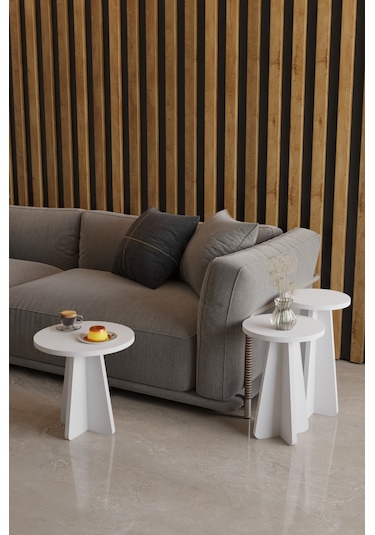 Alpa Ev Mobilya 3 Lü Mantar Zigon Sehpa Seti Modern Yuvarlak Tasarım, Dekoratif İskandinav Stil Beyaz