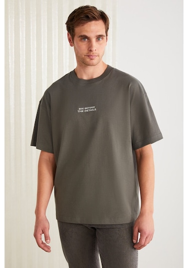 Grimelange Vıto Erkek %100 Organik Pamuklu Nakış Yazı Detaylı Oversize Bol Kesim Kısa Kollu Gri T-shirt