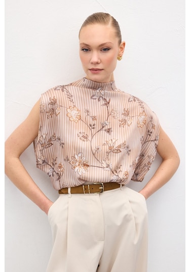 Sateen Kısa Kollu Desenli Bluz - Kahve-137042 kahve