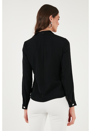 Lela Taşlı Regular Fit Gömlek Yaka Fermuarlı Bayan Bluz 611Bz0493 Siyah