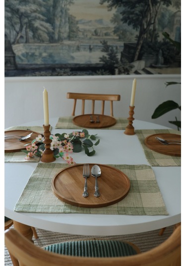 Yakacihome Juta Yeşil 5 Parça 4 Parça Amerikan Servis & 1 Parça Püsküllü Runner Jüt Kumaş Sofra Seti Yeşil