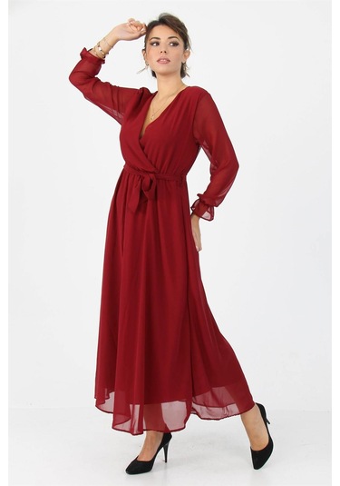 Dipmoda Kadın Kruvaze Yaka Bağlama Detaylı Yeni Sezon Uzun Şifon Elbise Kts003 Bordo