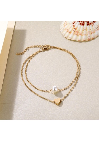 Altın Moda İnci Aşk Çift Katmanlı Entegre Halhal Aksesuarları Bayanlar Kişilik Vahşi Altın