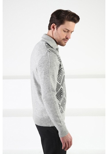 Ferraro A.Gri Kare Desenli Dik Yaka %100 Kuzu Yünü Erkek Kazak Açık Gri (536161019) Açık Gri