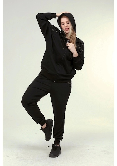 Taş Baskılı İncili Eşofman Takım Siyah