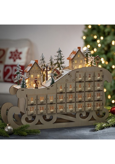 Ahşap 24 Geri Sayımlı Noel Takvimi Yaratıcı Ev Kızak Takvimi Ahşap Led Noel Dekorasyon Süsleri Beyaz