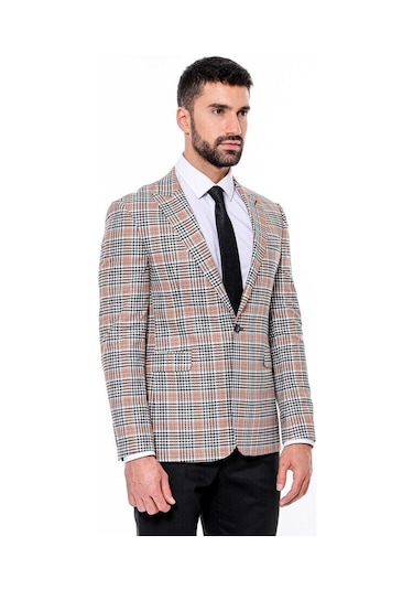 Wessi Ekose Desenli Slim Fit Turuncu Siyah Erkek Ceket - Wessi Turuncu
