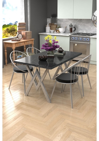 Evdemo Eylül Silver 4 Kişilik Mutfak Masası Takımı Mermer Siyah