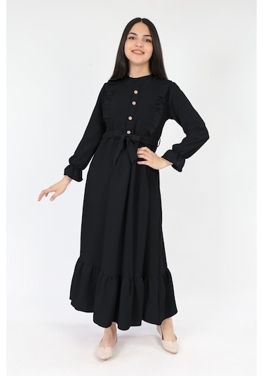 Kiz Cocuk Elbise Aerobin Keten Kumaş Tesettüre Uygun Uzun Boydan Cocuk Elbise Siyah