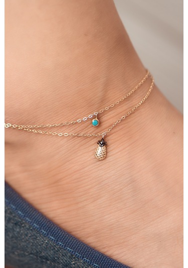 Firuze Ananas Çift Sıra Altın Halhal Çok Renkli