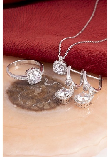 925 Ayar Gümüş Rodyumlu Beyaz Zirkon Taşlı Bayan Takı Seti -8229 Gümüş