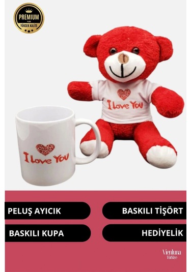 Premium Sevgililer Doğum Günü Özel Kaliteli Romantik I Love You Baskılı Kupa Kırmızı Ayıcık Seti