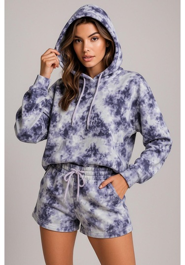 Kadın Lila Kapüşonlu Sweatshirt-şortlu Alt Üst Takım Oversize Batik Desen İkili Takım Çok Renkli