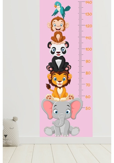 Sevimli Safari Hayvanları Boy Ölçüm Cetveli Boy Ölçer Sticker Pembe