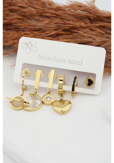 Kadın Kararmaz 6'Lı Kalp Figürlü Çelik Set Küpe Altın-M N11.698