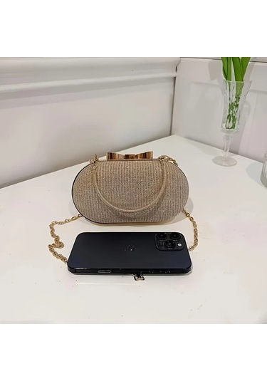 Willowhaven Siyah Parlak Klaket Çanta Kadın Gece Çantası Dayanıklı Altın Zincirli Siyah