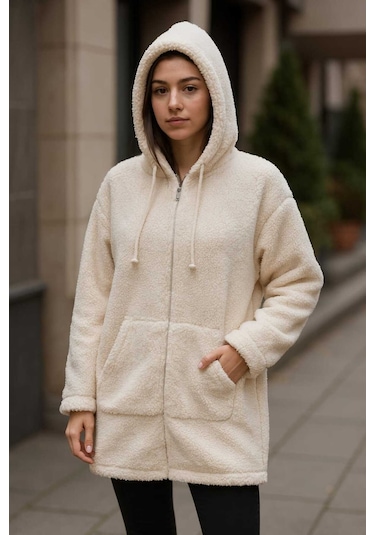 Tenra Kadın Peluş Mont Kapüşonlu Geniş Kalıp Krem Krem