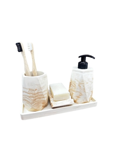 Betonmall 4 Parça Mermer Desenli Beton Banyo Seti Katı Sıvı Sabunluk Diş Fırçalık Tepsi - Bej Bej