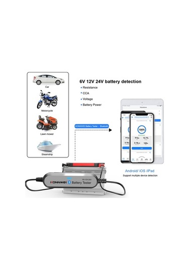 Novahub Konnwei Bk200 Araç Akü Test Cihazı - 6v/12v/24v Motor, Çim Biçme Makinesi Ve Gemi Aküleri İçin Bt Destekli Analizör