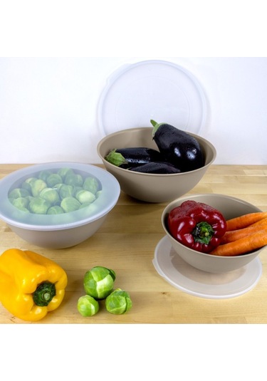 Ceronni Lunar Kapaklı Kase 3lü Set 3lt 2lt 1lt Bej Bej