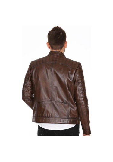 Hakiki Kuzu Derisi Fermuarlı Erkek Hakim Yaka Ceket Omuz İşlemeli Ceket Kahverengi Kahve