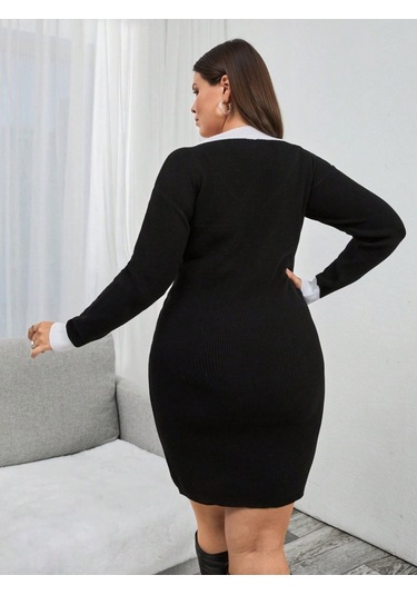 Kadın Uzun Kollu V Yakalı Kısa Triko Elbise Siyah