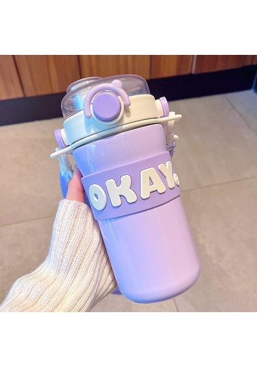 Velvettides Kişilik Alfabe Termos Bardak Taşınabilir Pipet Su Bardak Erkekler Ve Kızlar Su Bardak Öğrenci Spor Su Şişesi Mor